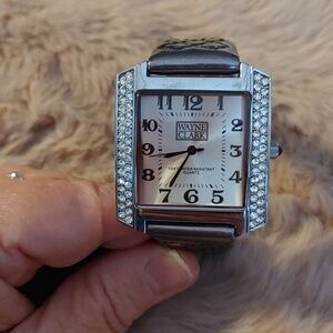 Vintage Wayne Clark Quartz Square Face Watch with Crystals and Leather Strap